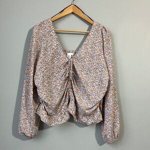 H&M Floral Lace-Up Long Sleeve Blouse in White, Orange, Blue